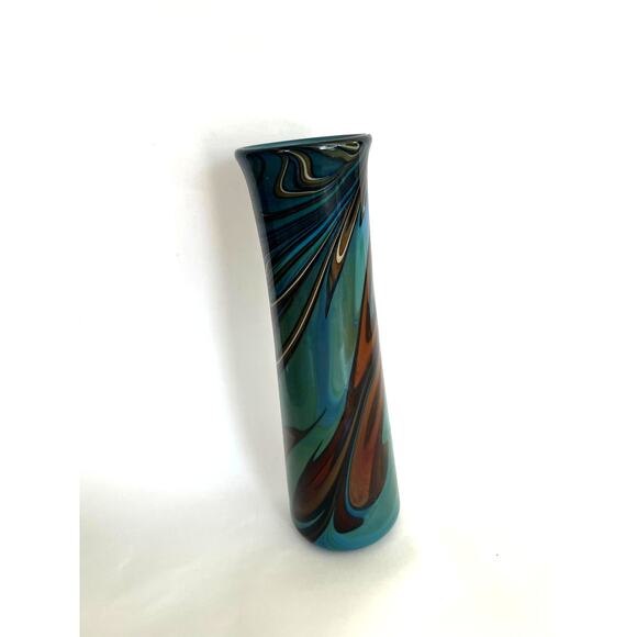 Vintage Art Glass Vase Hand Blown Blue Green Brown Swirl -Collectible JL - Picture 1 of 8